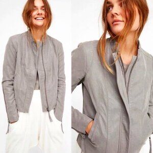 Free People Cool & Clean Gray Vegan Leather Moto Jacket Size 8 Wool Side Panels